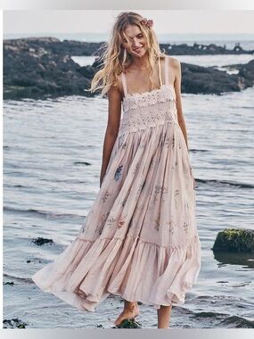 🌸🌸🌸 Caroline Constas Pink Embroidered Maxi  Cotton Lace Boho Floral Babydoll